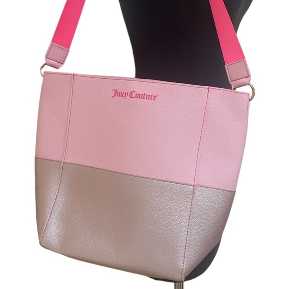 Juicy Couture Pink Bucket Bag Purse Metallic Rose Gold Blush Gold Hardware Neon - Picture 1 of 10